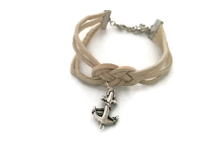 Suede Nautical Sailor's Knot Bracelet with Silver Anchor Charm