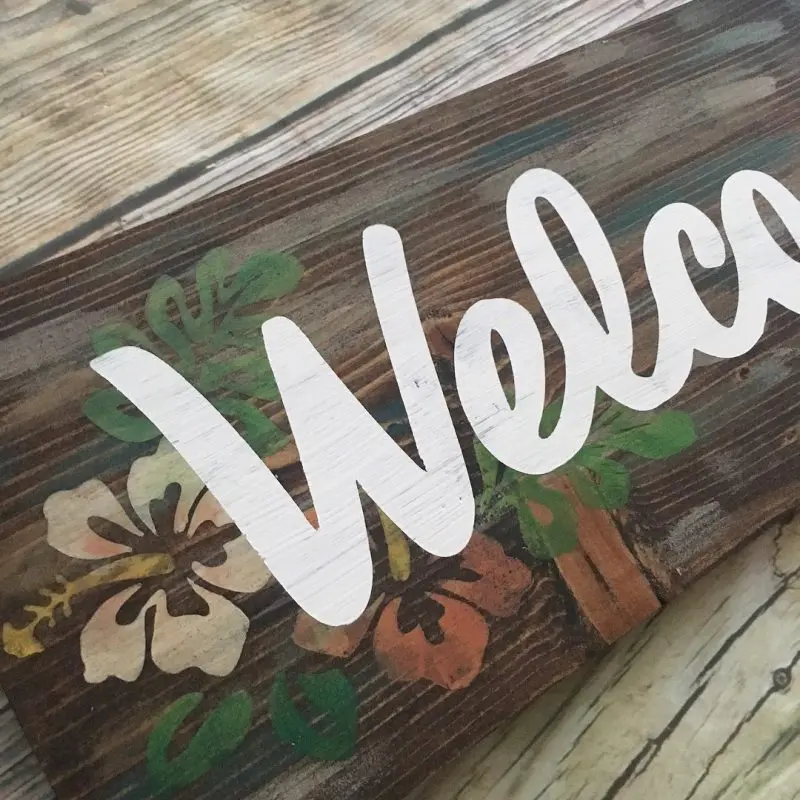 Tropical Rustic Welcome Sign with Hibiscus Flowers - Image 9