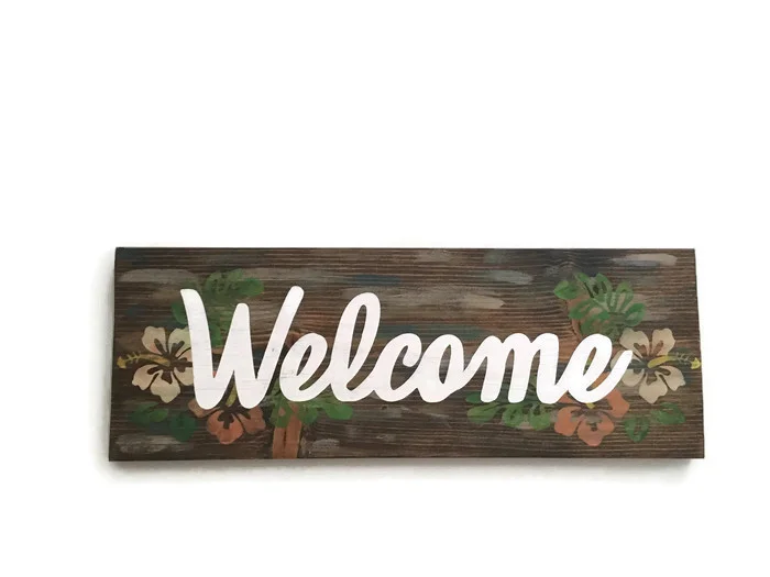 Tropical Rustic Welcome sign with Hibiscus Flowers