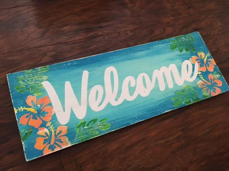 Tropical Welcome Sign with Colorful Hibiscus Flowers - Image 2