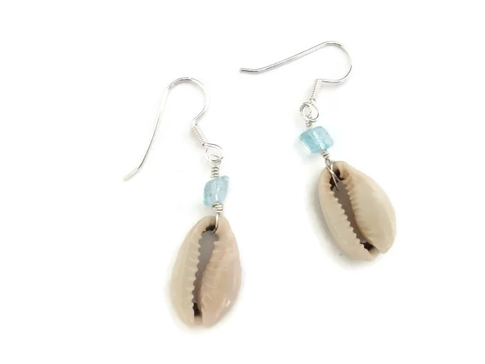 Cowrie Seashell Earrings with Turquoise Bead