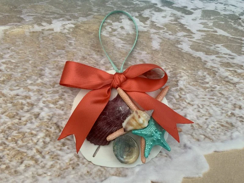 Mermaid Sand Dollar and Seashell Christmas Ornament with Coral Bow