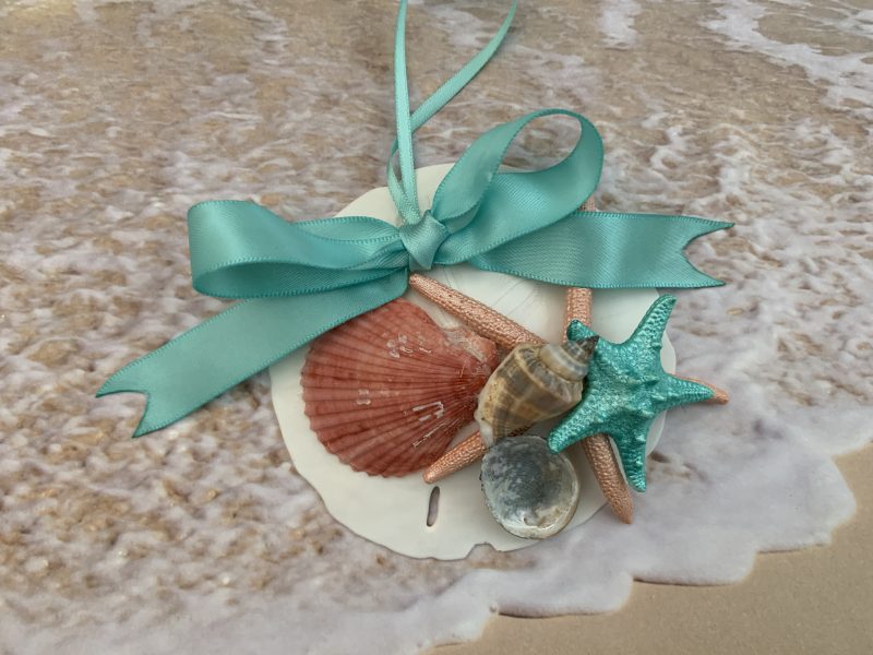 Coastal Beach Sand Christmas Ornament Set with Sand Dollars and Seashells