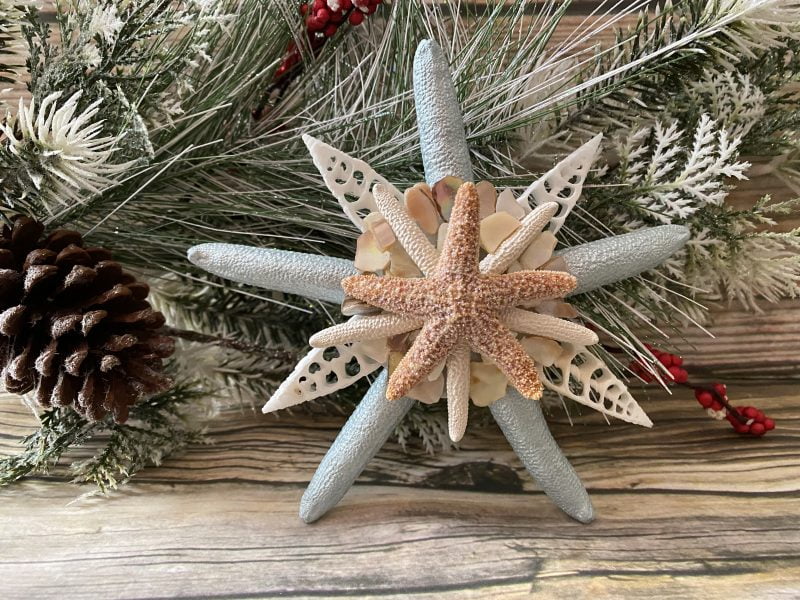 Ice Blue Starfish Tree Topper with Crushed Seashells Christmas
