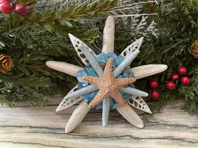 Small Pearl Starfish with Blue Crushed Seashells Christmas Tree Topper