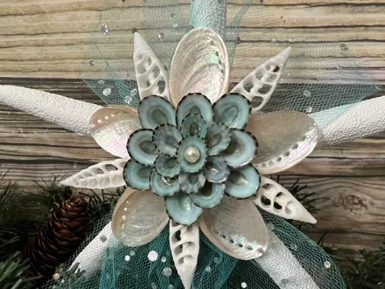 White Starfish Christmas Tree Topper with Aqua Tulle and Limpet Floret - Image 2