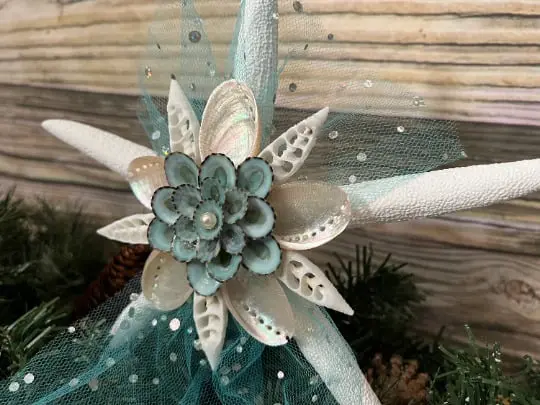 White Starfish Christmas Tree Topper with Aqua Tulle and Limpet Floret - Image 4